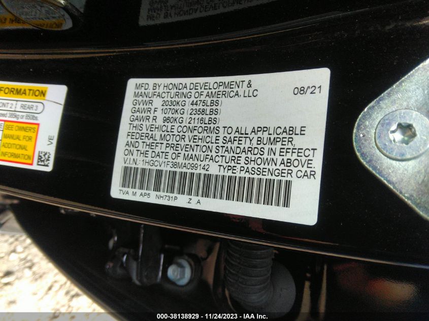2021 HONDA ACCORD SPORT - 1HGCV1F38MA099142