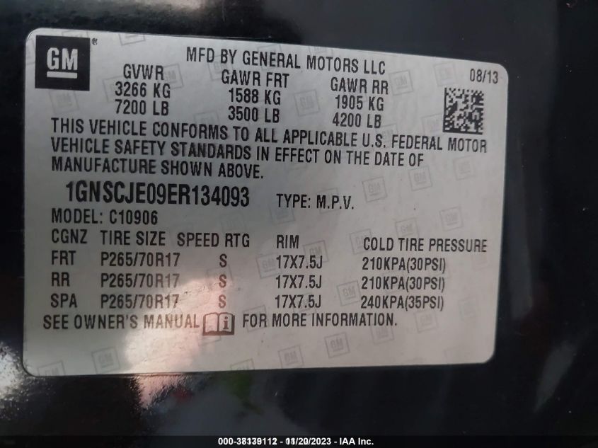 2014 CHEVROLET SUBURBAN 1500 LT 1GNSCJE09ER134093