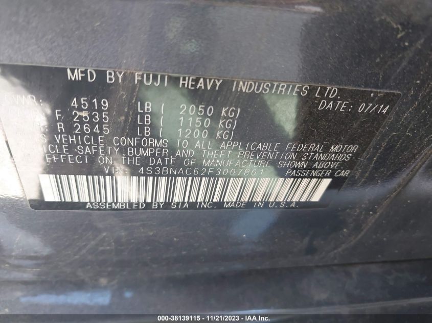 2015 SUBARU LEGACY 2.5I PREMIUM - 4S3BNAC62F3007801