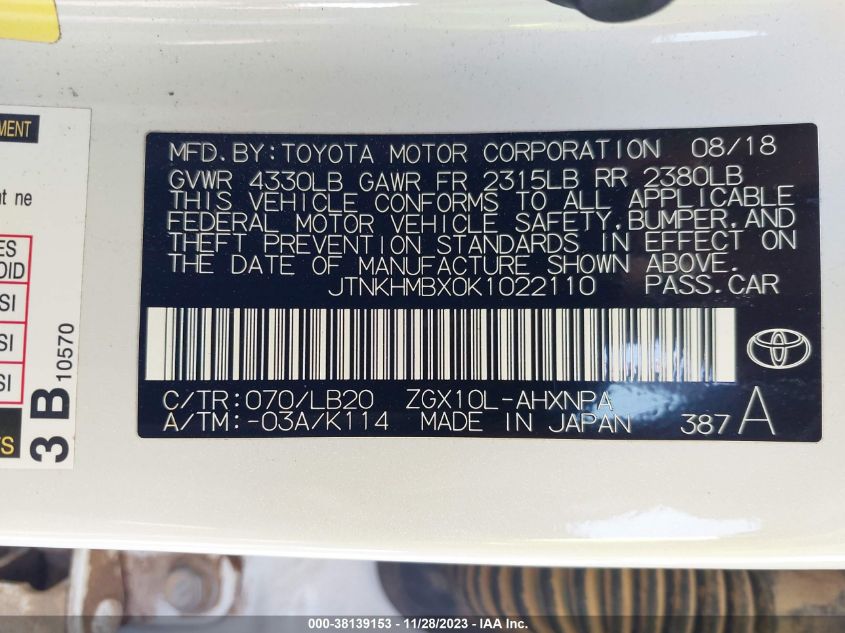 2019 TOYOTA C-HR XLE/LE/LIMITED - JTNKHMBX0K1022110