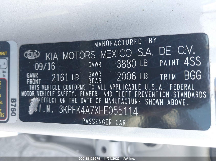 VIN 3KPFK4A7XHE055114 2017 KIA FORTE LX