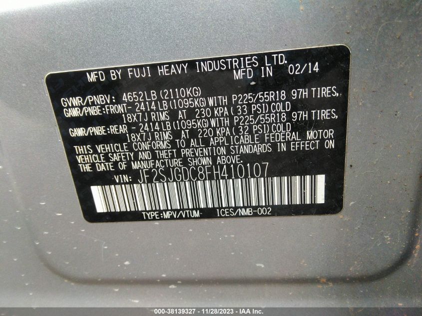 2015 SUBARU FORESTER 2.0XT PREMIUM - JF2SJGDC8FH410107