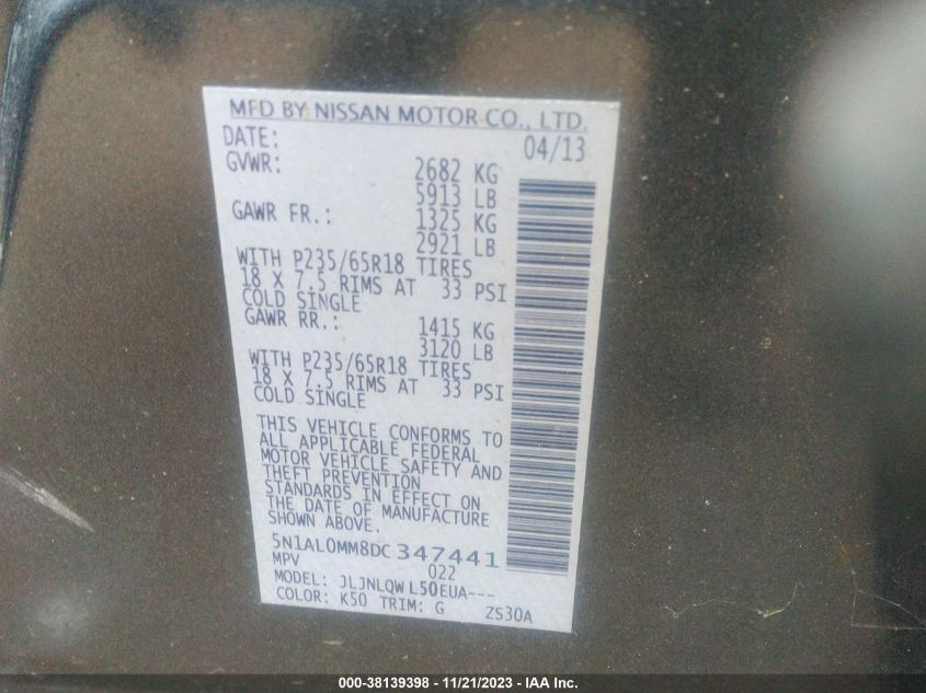 2013 INFINITI JX35 5N1AL0MM8DC347441