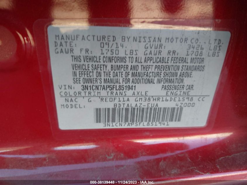 2015 NISSAN VERSA S/S PLUS/SV/SL - 3N1CN7AP5FL851941