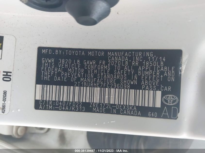 2015 TOYOTA COROLLA S PLUS - 2T1BURHE7FC296098