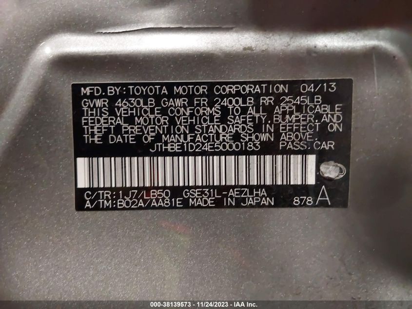 2014 LEXUS IS 350 - JTHBE1D24E5000183