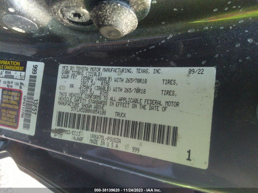 2022 TOYOTA TUNDRA CREWMAX SR/CREWMAX SR5 - 5TFLA5DB0NX054108