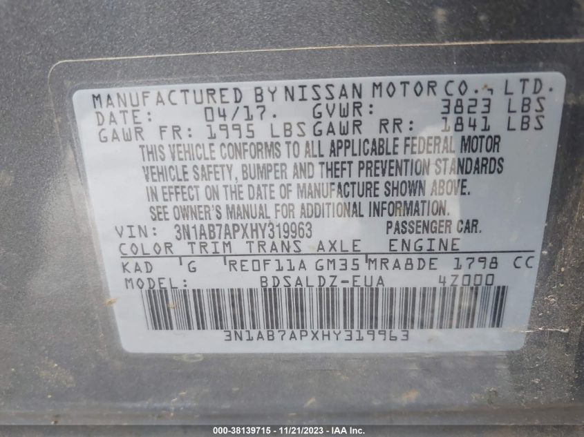 2017 NISSAN SENTRA SV - 3N1AB7APXHY319963