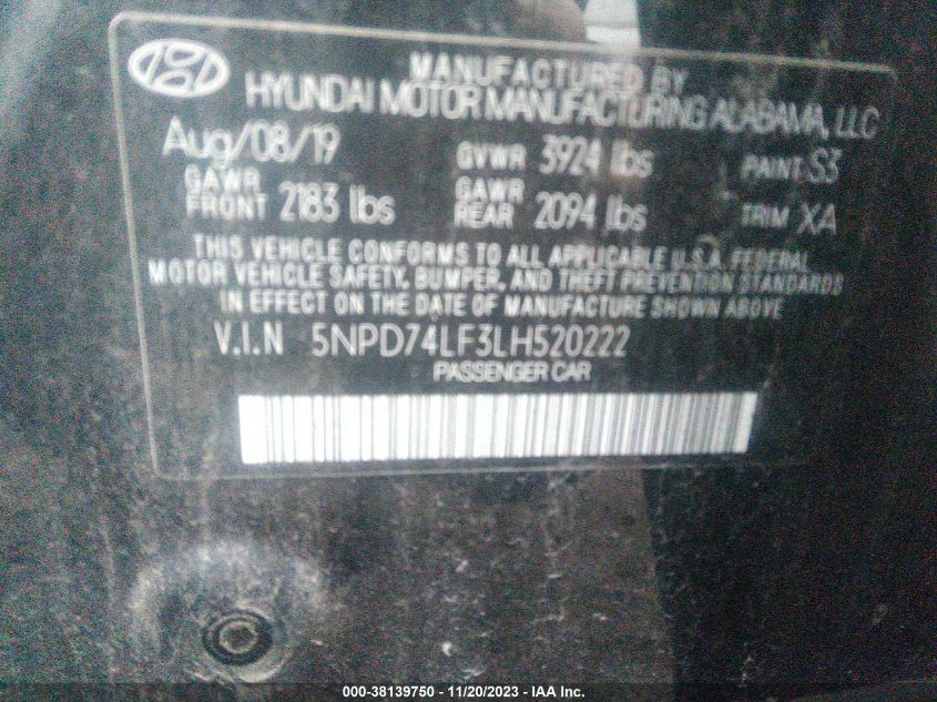 2020 HYUNDAI ELANTRA SE - 5NPD74LF3LH520222