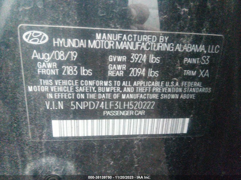 2020 HYUNDAI ELANTRA SE - 5NPD74LF3LH520222