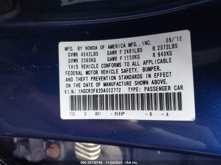 2013 HONDA ACCORD EXL - 1HGCR3F82DA002772