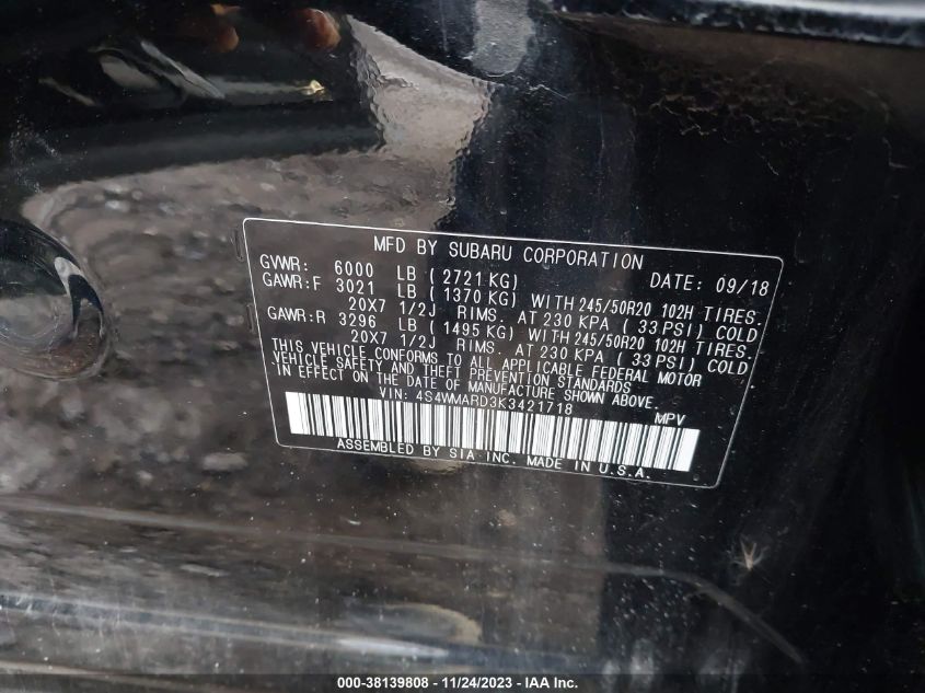 2019 SUBARU ASCENT TOURING - 4S4WMARD3K3421718