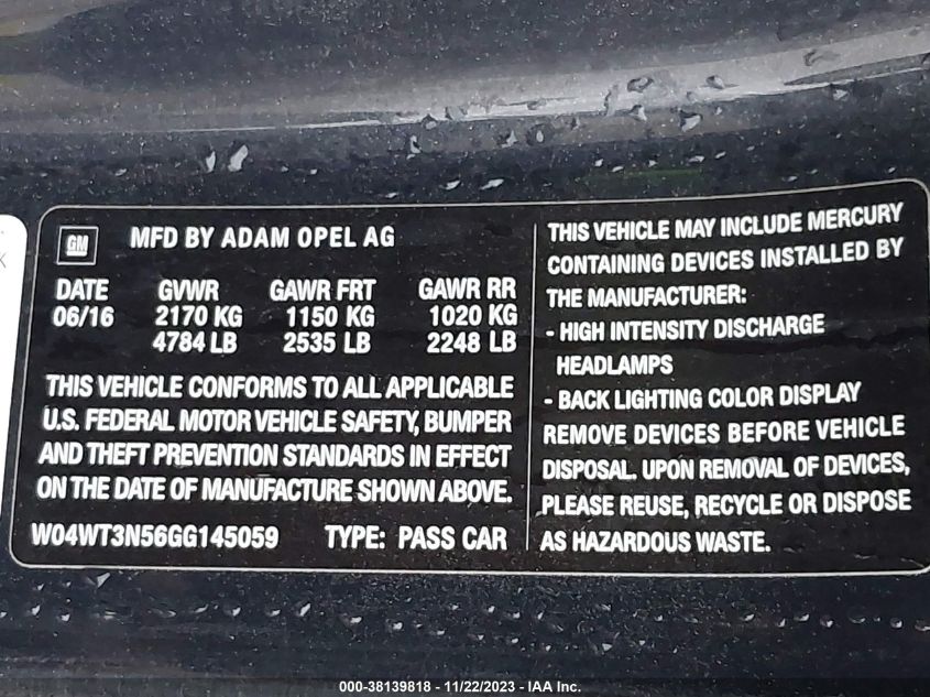 2016 BUICK CASCADA PREMIUM W04WT3N56GG145059