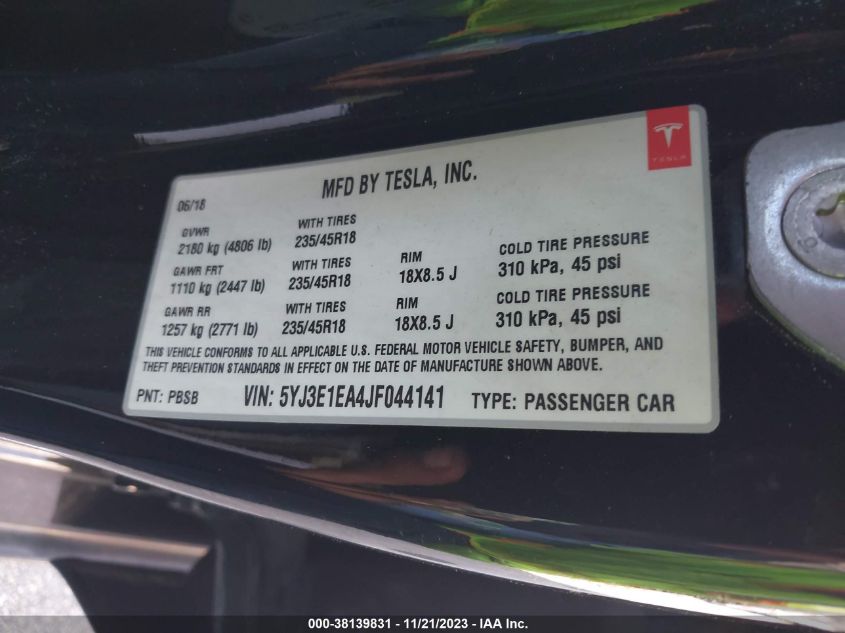 2018 TESLA MODEL 3 LONG RANGE/MID RANGE - 5YJ3E1EA4JF044141