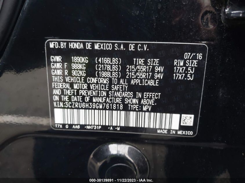 2016 HONDA HR-V LX - 3CZRU6H39GM761818