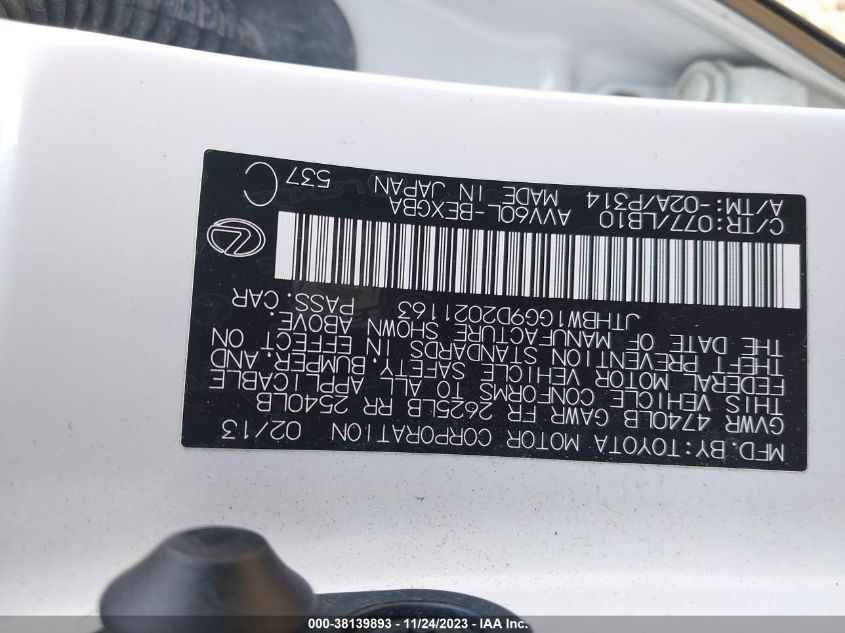 2013 LEXUS ES 300H HYBRID - JTHBW1GG9D2021163