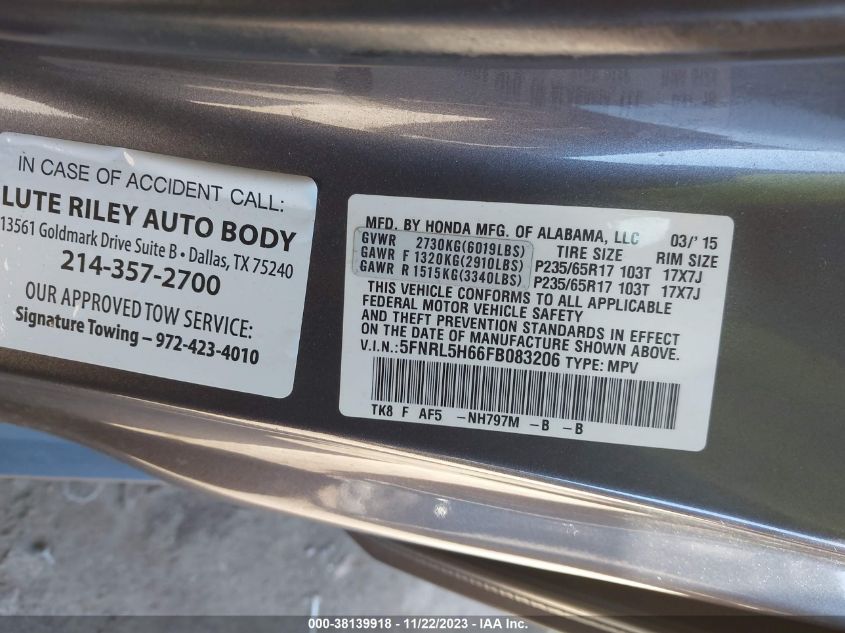 2015 HONDA ODYSSEY EXL - 5FNRL5H66FB083206