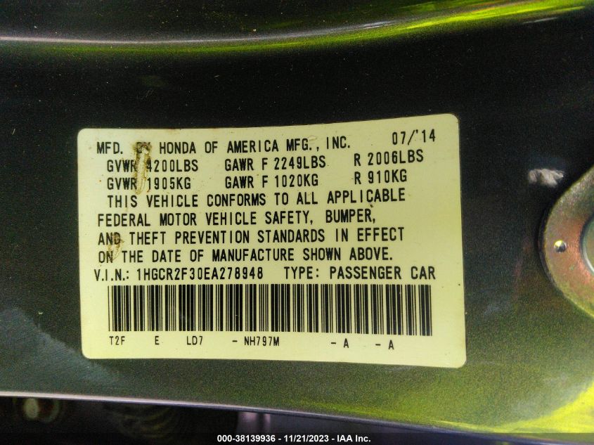 2014 HONDA ACCORD LX - 1HGCR2F30EA278948