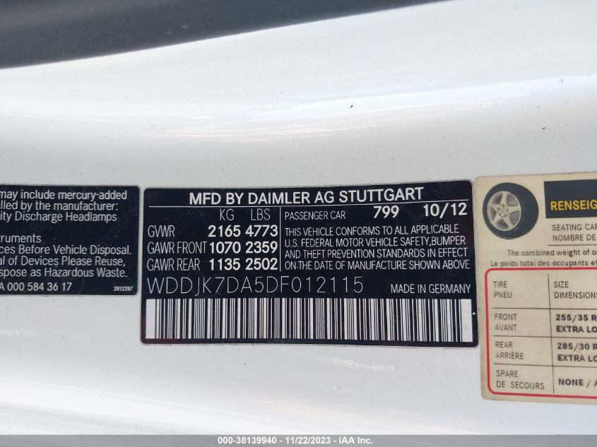2013 MERCEDES-BENZ SL 550 WDDJK7DA5DF012115