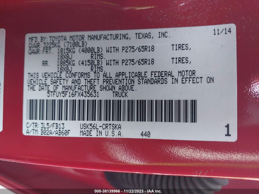 2015 TOYOTA TUNDRA SR5 5.7L V8 - 5TFUY5F16FX435631