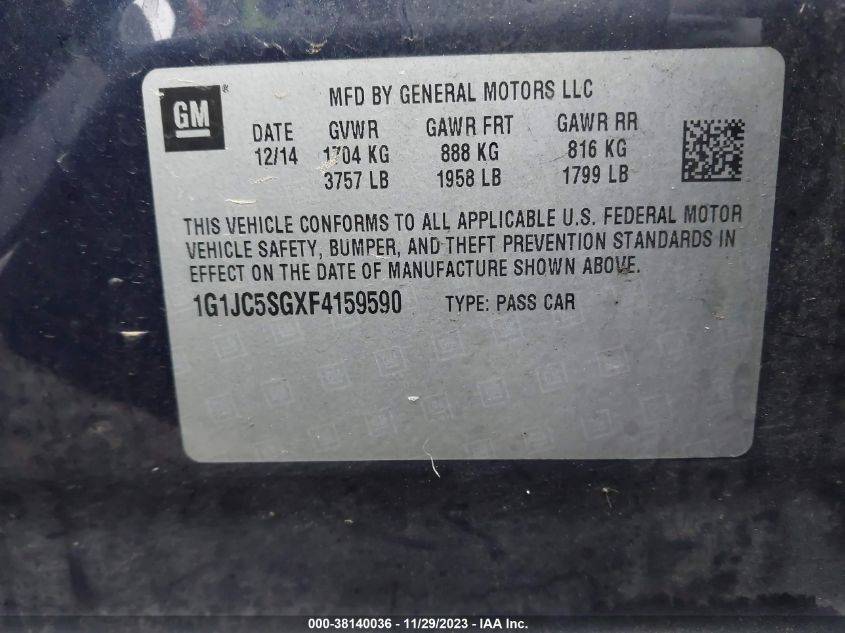 2015 CHEVROLET SONIC LT AUTO - 1G1JC5SGXF4159590