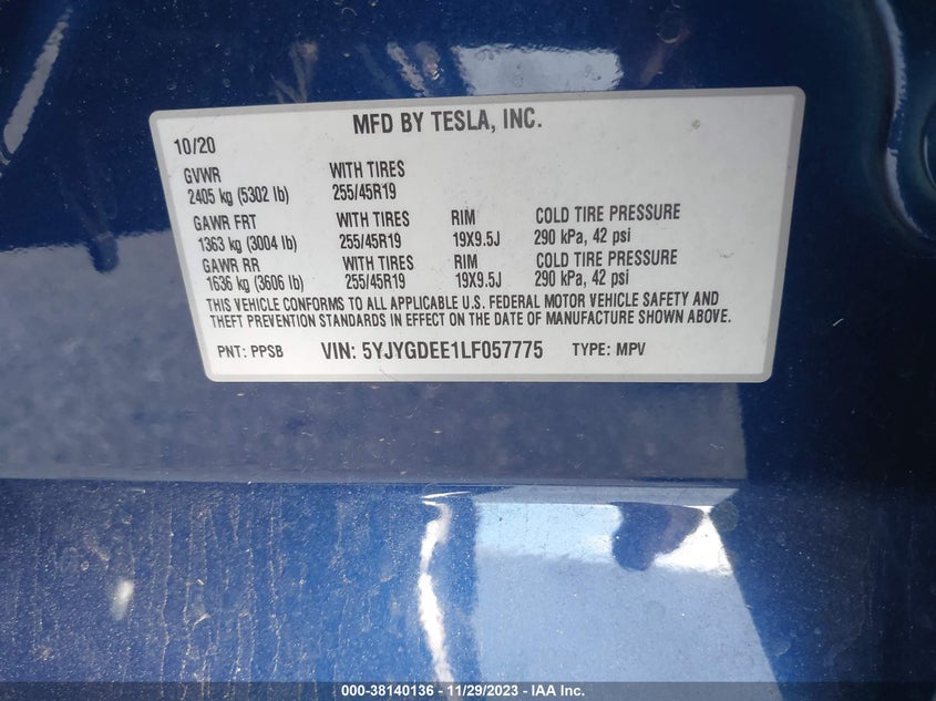 VIN 5YJYGDEE1LF057775 2020 TESLA MODEL Y