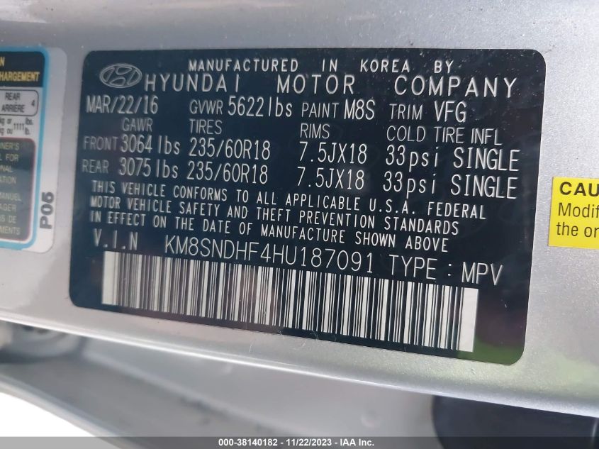 2017 HYUNDAI SANTA FE LIMITED - KM8SNDHF4HU187091