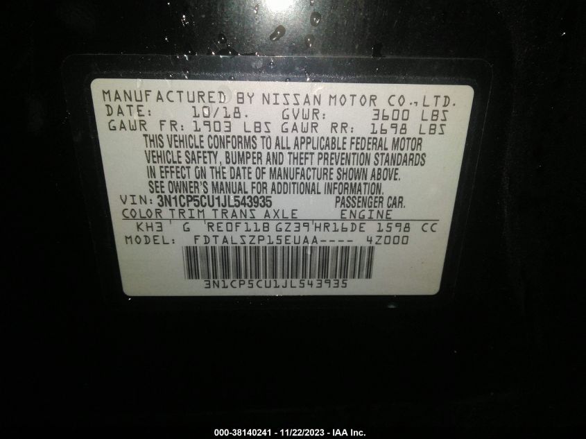 2018 NISSAN KICKS S/SR/SV - 3N1CP5CU1JL543935