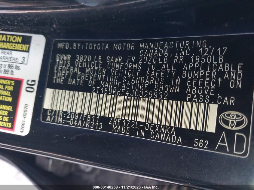 2018 TOYOTA COROLLA LE - 2T1BURHE4JC029932