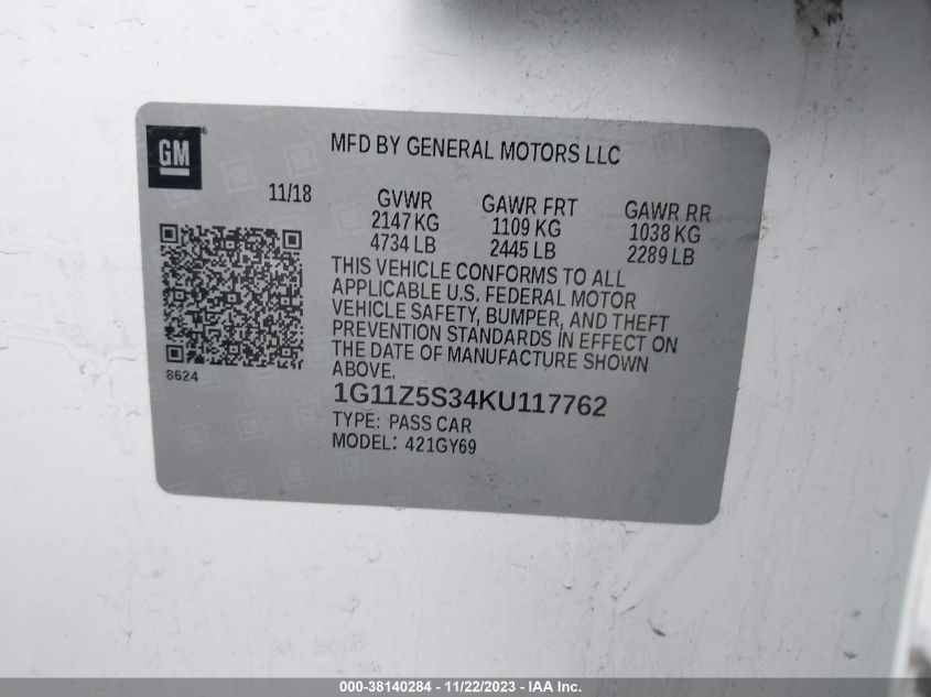 2019 CHEVROLET IMPALA LT - 1G11Z5S34KU117762