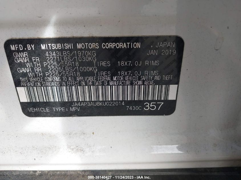2019 MITSUBISHI OUTLANDER SPORT 2.0 LE - JA4AP3AU8KU022014