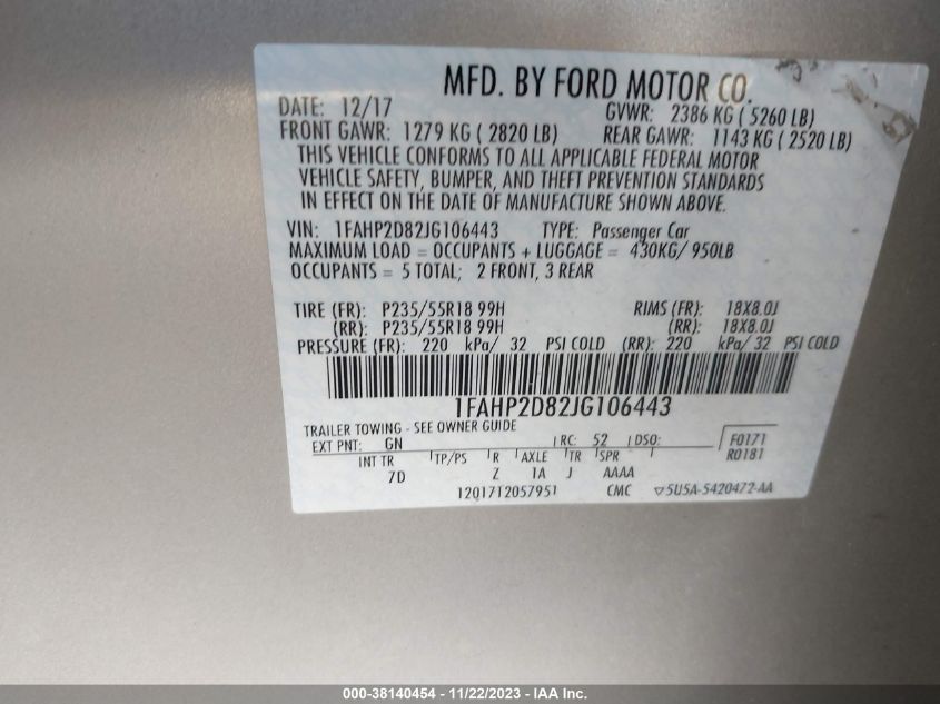 2018 FORD TAURUS SE - 1FAHP2D82JG106443