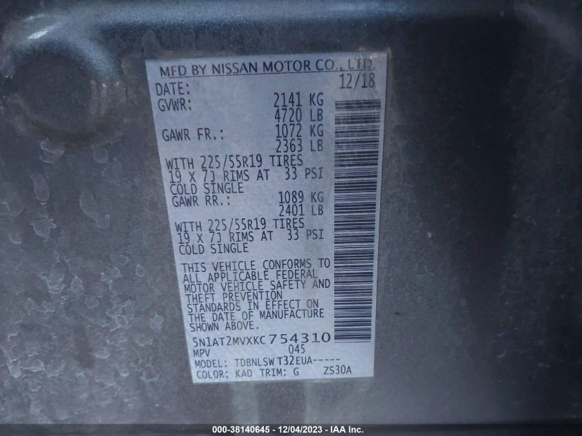 2019 NISSAN ROGUE S/SL/SV - 5N1AT2MVXKC754310