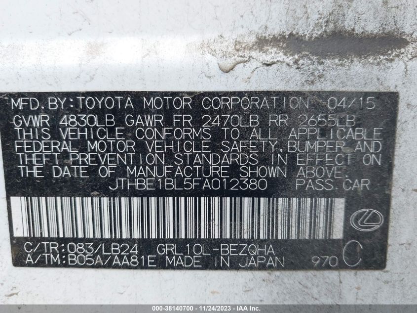 2015 LEXUS GS 350 - JTHBE1BL5FA012380