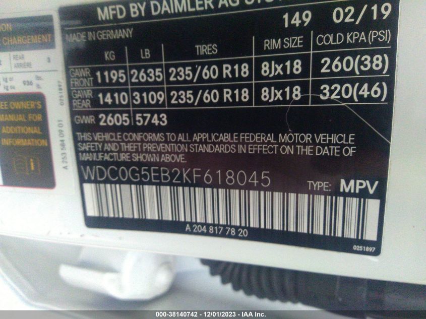 2019 MERCEDES-BENZ GLC 350E 4MATIC WDC0G5EB2KF618045