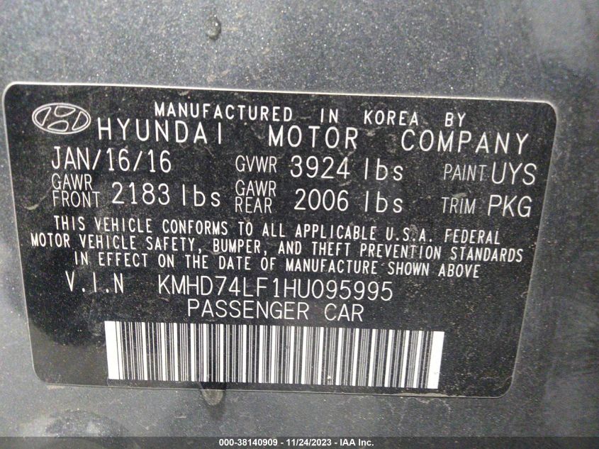 2017 HYUNDAI ELANTRA SE - KMHD74LF1HU095995
