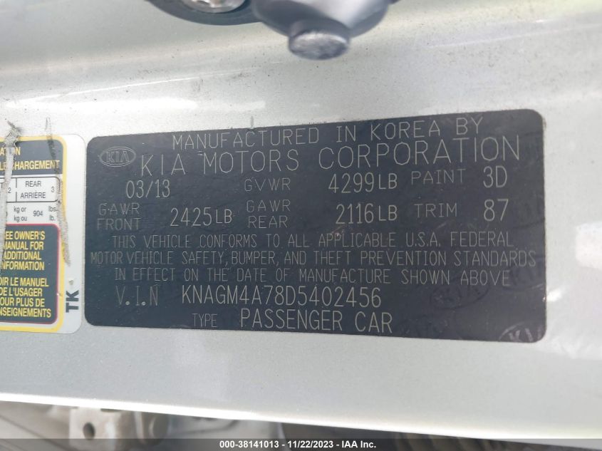 2013 KIA OPTIMA LX - KNAGM4A78D5402456