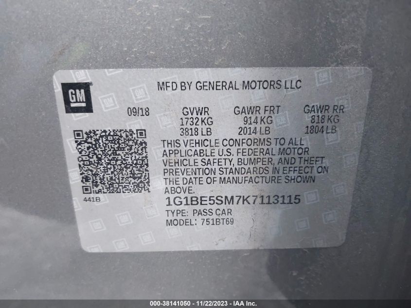 2019 CHEVROLET CRUZE LT - 1G1BE5SM7K7113115