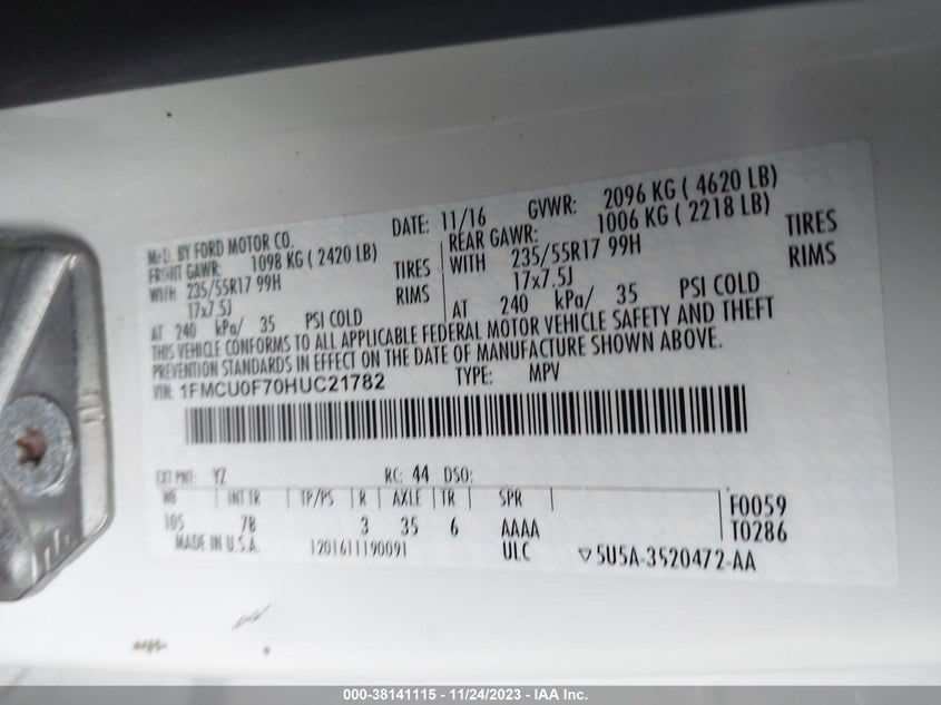VIN 1FMCU0F70HUC21782 2017 FORD ESCAPE S