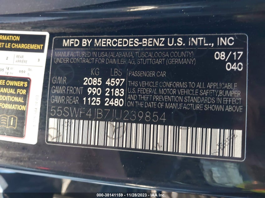 VIN 55SWF4JB7JU239854 2018 MERCEDES-BENZ C 300 300