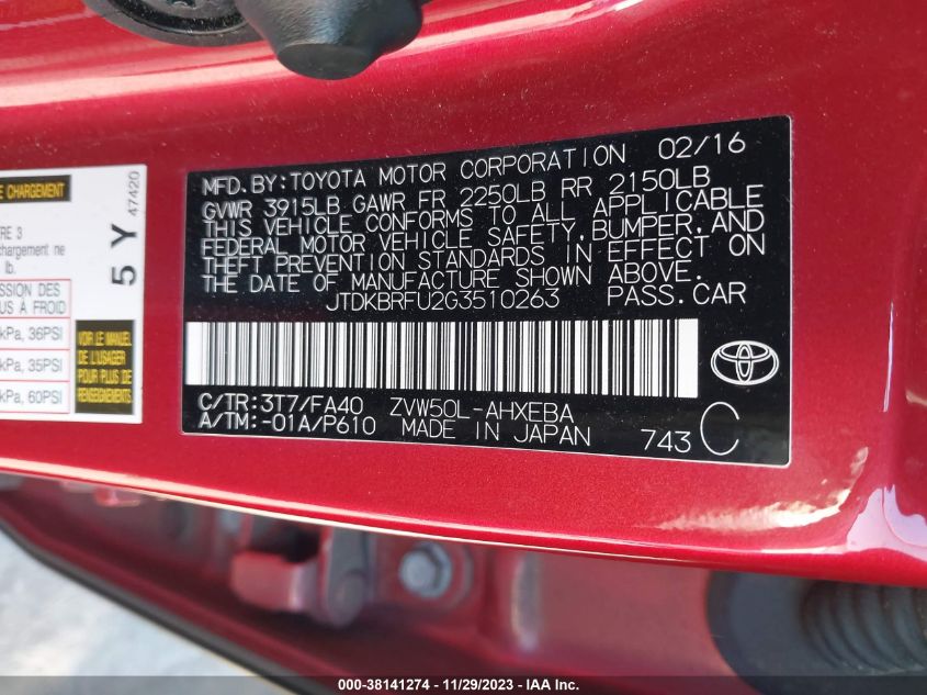 2016 TOYOTA PRIUS - JTDKBRFU2G3510263