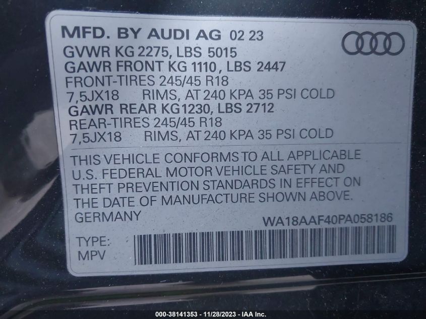 2023 AUDI A4 ALLROAD PREMIUM PLUS 45 TFSI QUATTRO S TRONIC WA18AAF40PA058186