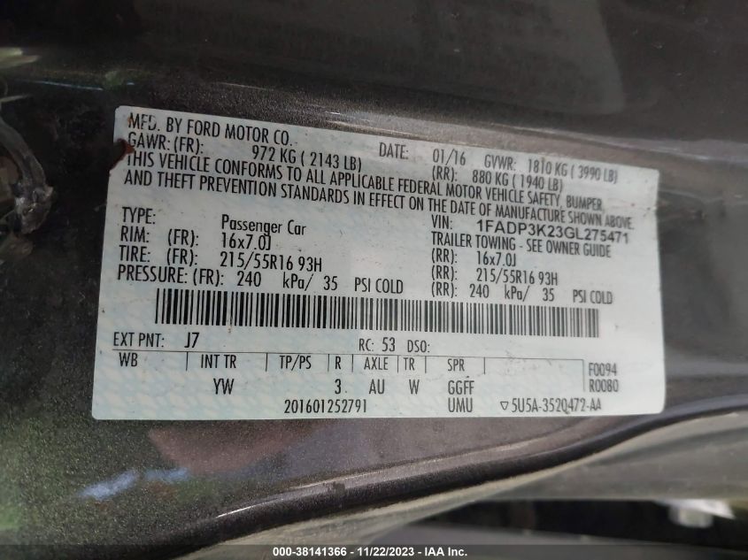 2016 FORD FOCUS SE - 1FADP3K23GL275471
