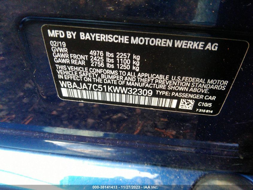 2019 BMW 530I XDRIVE WBAJA7C51KWW32309