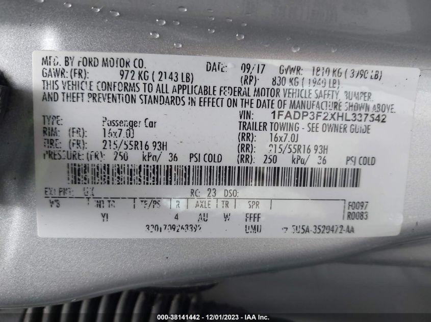 2017 FORD FOCUS SE - 1FADP3F2XHL337542