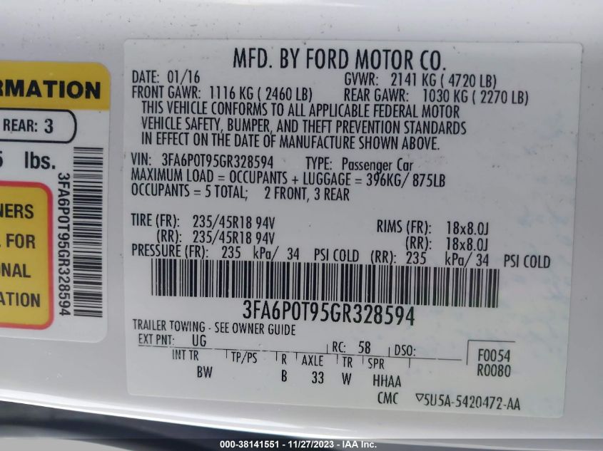 2016 FORD FUSION SE - 3FA6P0T95GR328594