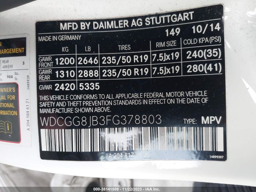 2015 MERCEDES-BENZ GLK 350 WDCGG8JB3FG378803