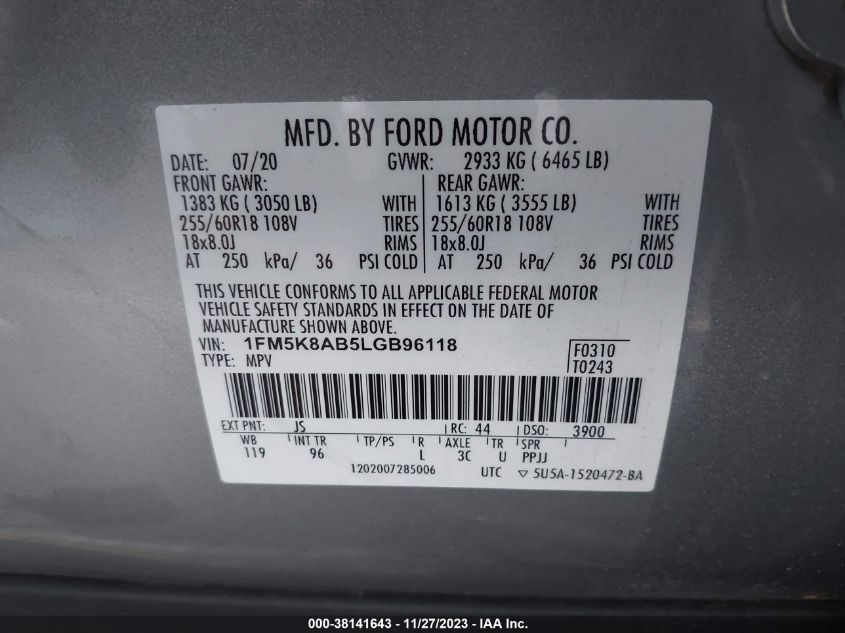 2020 FORD POLICE INTERCEPTOR UTILITY 1FM5K8AB5LGB96118