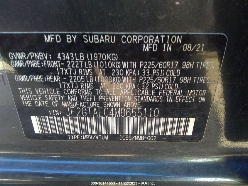 2021 SUBARU CROSSTREK PREMIUM - JF2GTAEC4M8655110