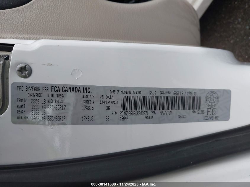2019 DODGE GRAND CARAVAN SE - 2C4RDGBG0KR803771